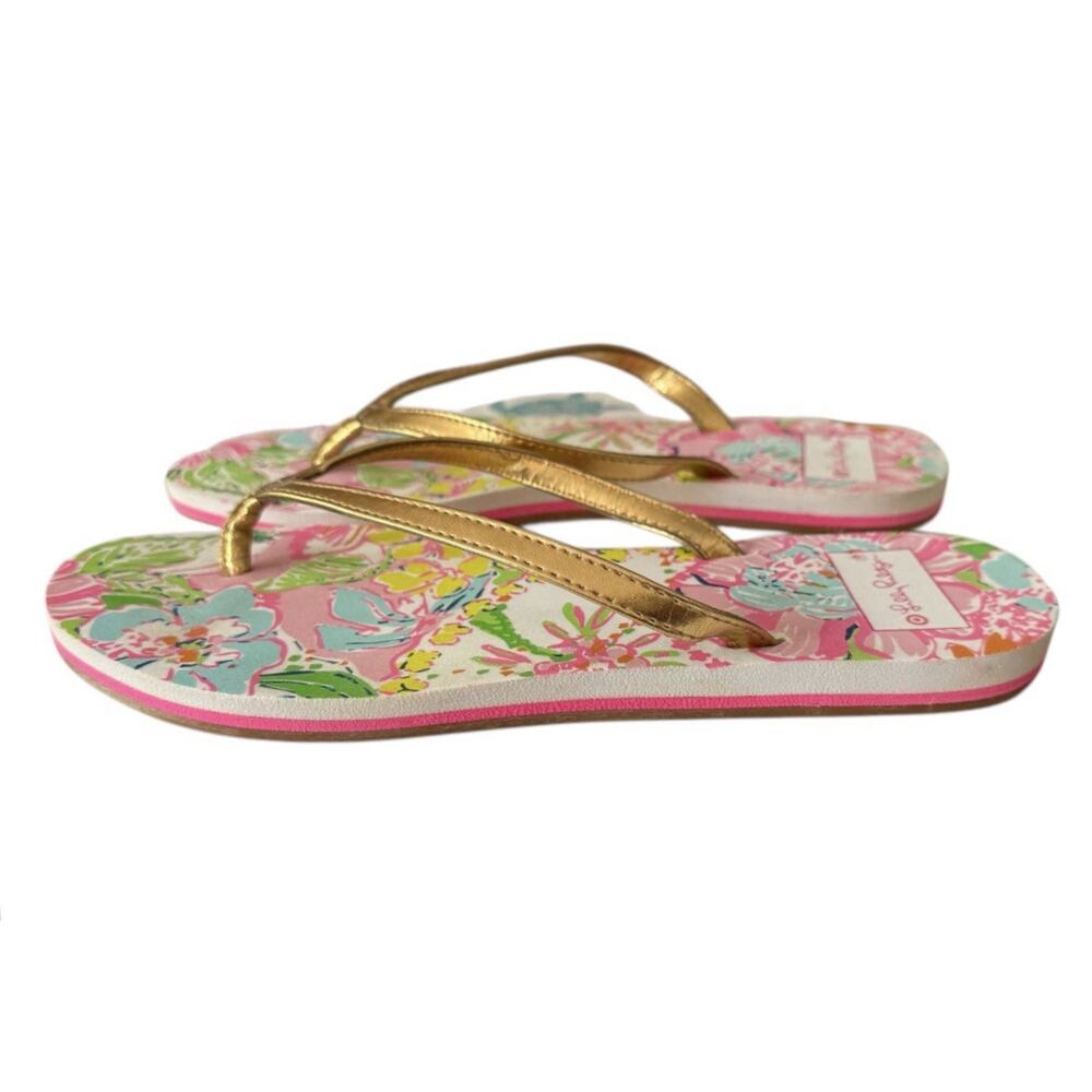 Lilly Pulitzer Flip Flop Sandals Thong Womens 8 Floral Nosey Posey Gold Toe Post - Picture 3 of 7